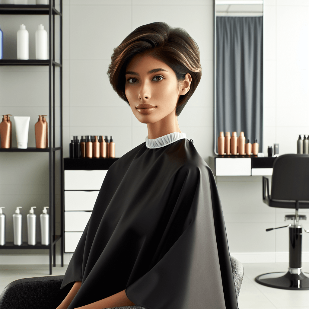 A young woman in a hair salon waiting for a haircut, wearing a black cape.