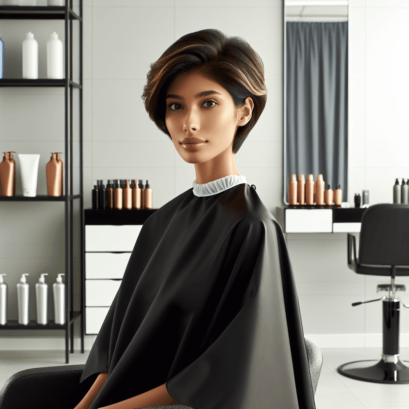 A young woman in a hair salon waiting for a haircut, wearing a black cape.